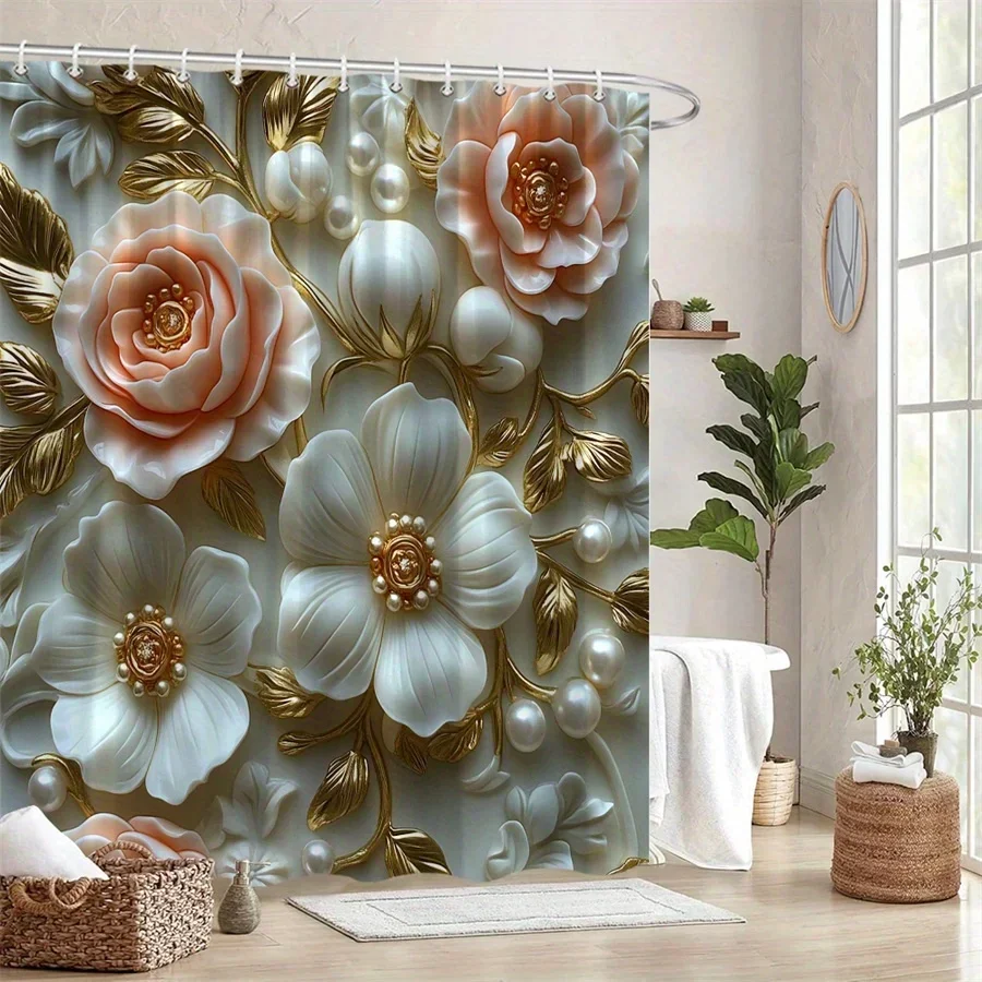 Baroque Roses Shower Curtain - Peach & Ivory, 3D Floral Art, White Background, Machine Washable,  12 Hooks, Elegant Bath Decor
