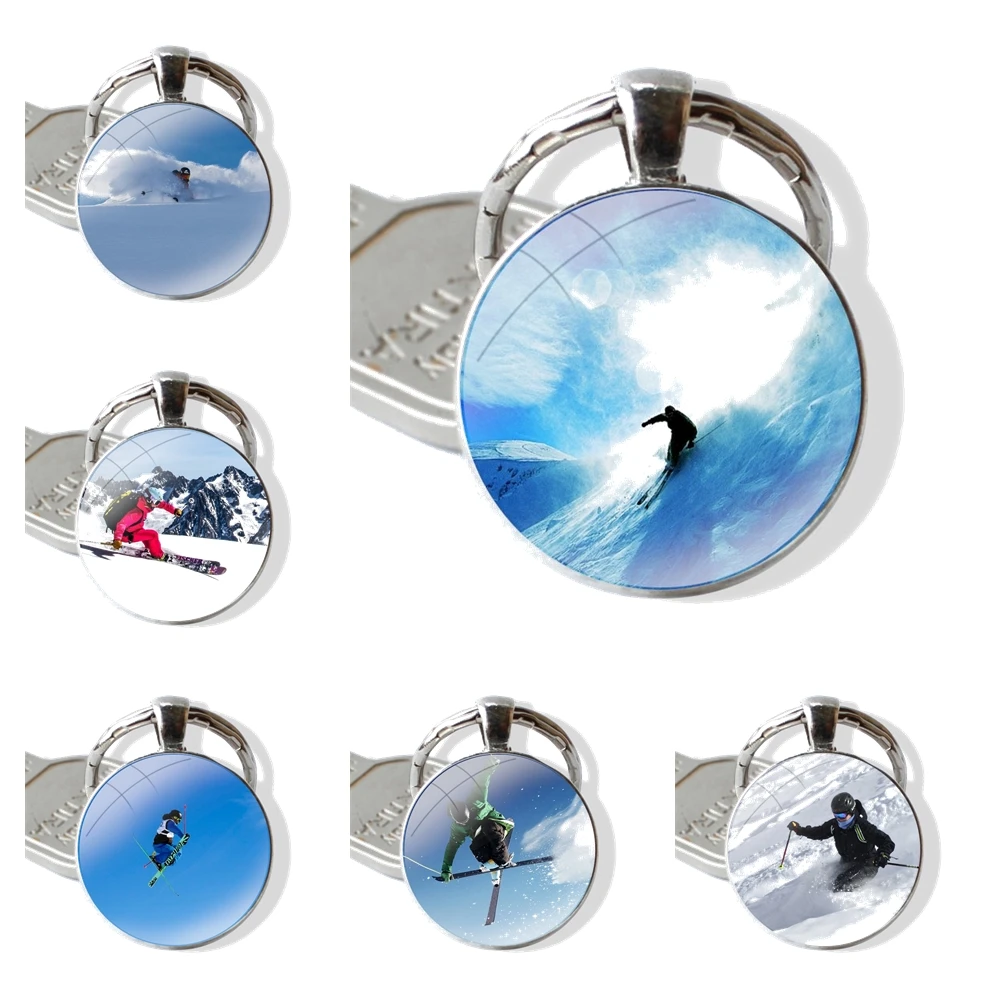 Keychain Handmade Glass Cabochon Key Ring Holder Pendant Key Chains Cartoon Creative Design Fashion Skiing Snow Snowboard Skis