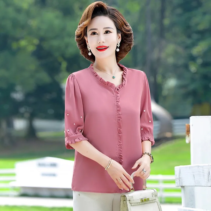 

Shirts Summer For Women Blouse Office Clothing Top Female Womans Blouses Shirt selvedge V-Neck Feminine beading Blusas