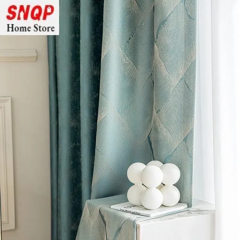 

Modern light luxury blackout curtain living room dining room bedroom peacock green mica gray cloth villa customization