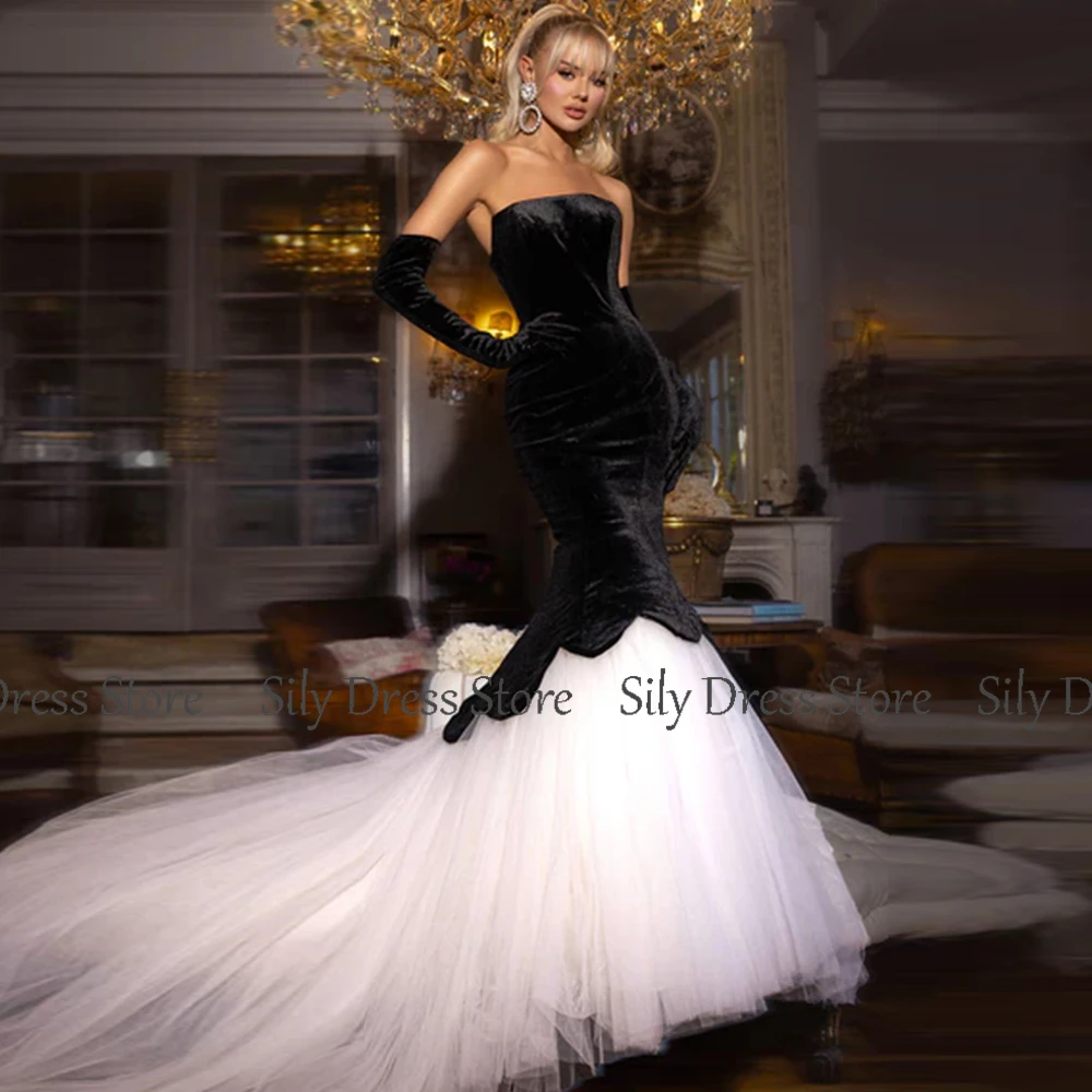 Robe de soirée sirène/trompent en velours et filet, robes formelles de sororité moderne, noir et blanc, sans bretelles, froncé, robe de Rhlongue, 2024