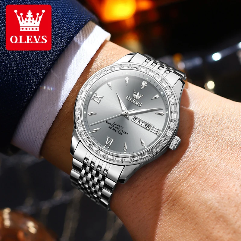 OLEVS 9922 Men Watch Luxury Brand Diamond Quartz Watch Original Dual Calendar Formal Business Waterproof HD Luminous Men Watch
