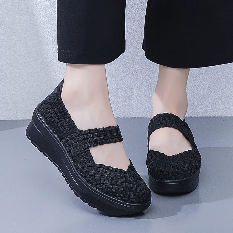 5CM Women Woven Loafers Walking Shoes Sports Outdoor Light Flats Breathable Fitness Sneakers Black Size 35-41