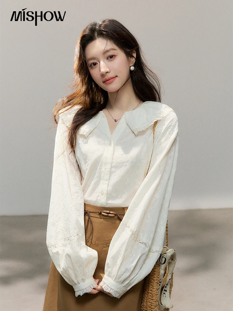 

Женская бежевая кружевная рубашка MISHOW 2026 года, весенняя, с воротником Питер Пэн, рукавами-фонариками, повседневная элегантная блузка MXF108C0813