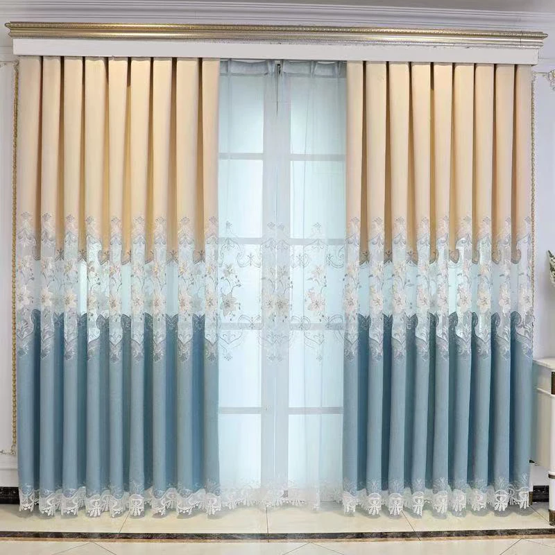 2PCS Fresh Creamy Blue Gradient Embroidered Curtains, Luxury Lace Trim, Sheer Not Inclu