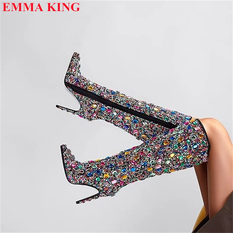 Women Fall Rhinestone Stud Knee High Boots Mixed Color Bling Pointed Toe Female Boots Luxury Designer High Heels Party Shoes