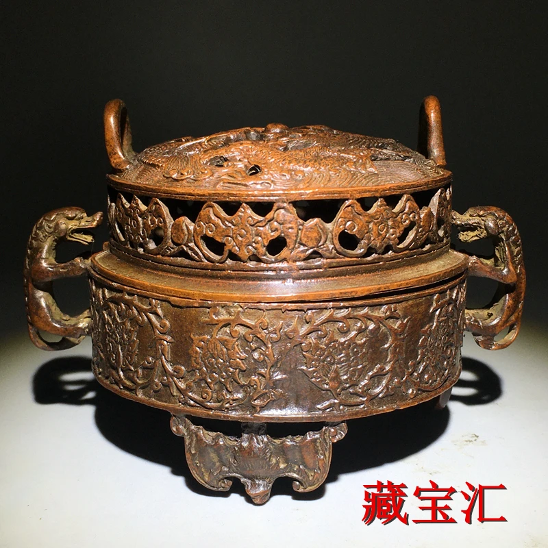 Annual double-eared, three-legged copper tripod, dragon and phoenix incense burner with lid, copper coin rarity