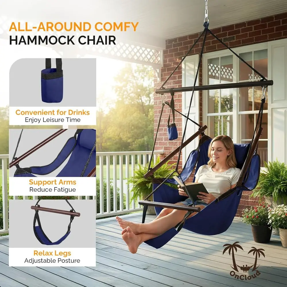 Hanging Hammock Air Chair Swing Seat with Pillow, Drink Holder, Solid Wood Weather Resistant Indoor/Outdoor Yard Garden Tree Pat