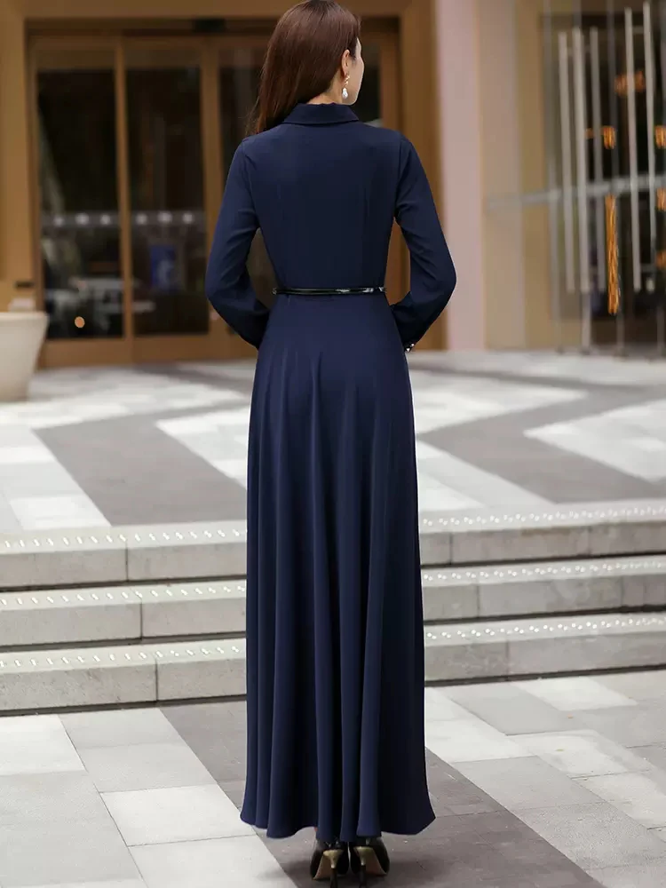 New Women Spring Autumn Overlength Shirt Dress Fashion Turn-down Collar Long Sleeve Slim Dress Simplicity Navy Blue Long Dress