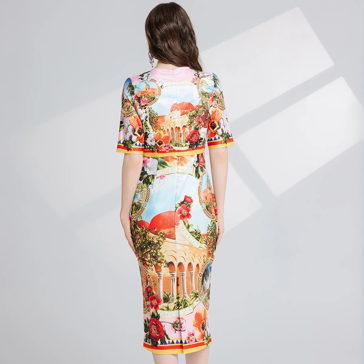 Summer Holiday Flower Pencil Midi Dress Women Short Sleeve Architectural Landscape Print Long Vestidos Party