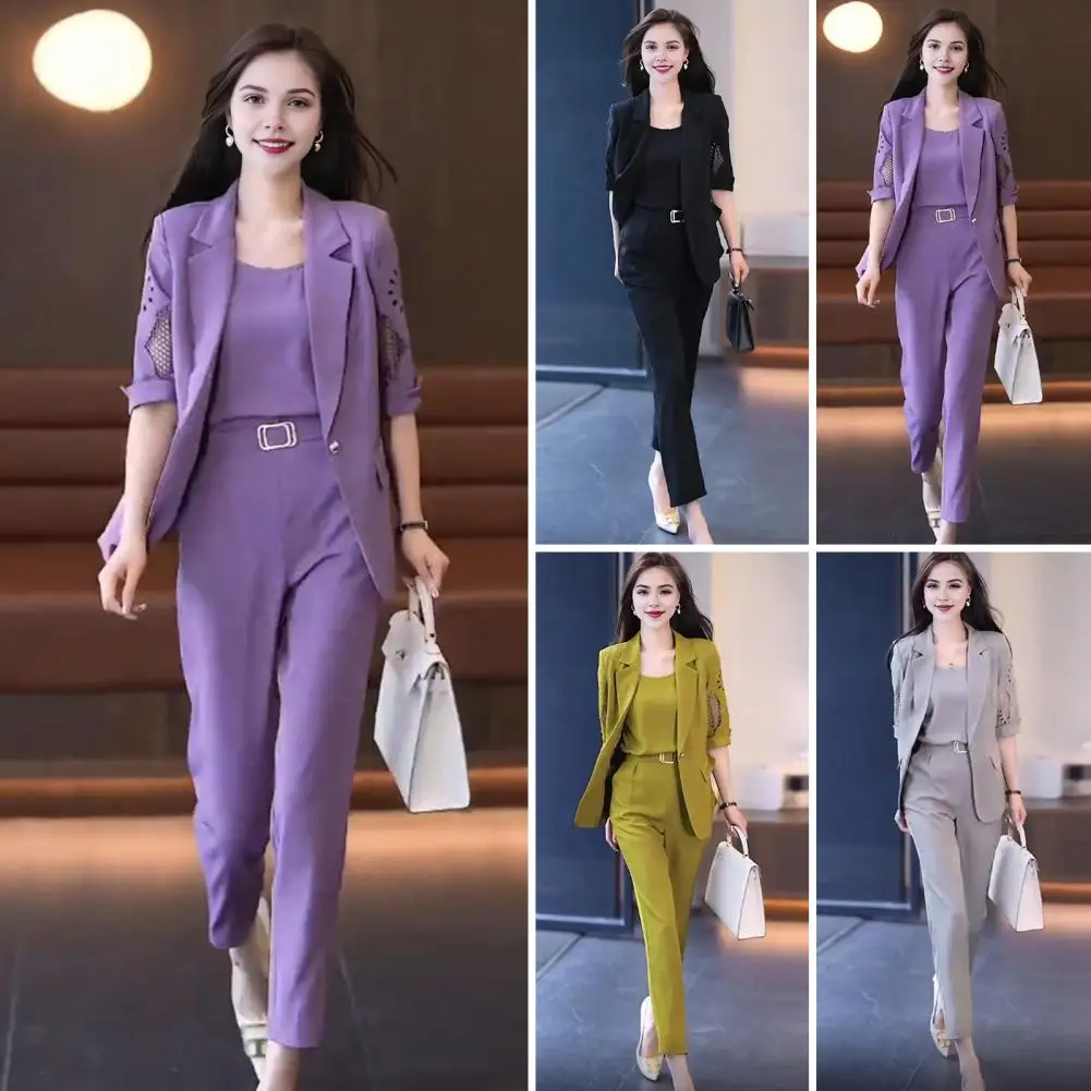 Women Formal Suit Chic Women's 3-piece Formal Suit Vest High Waist Pants Half Sleeve Lapel Coat Elegant Ol Commute Office Wear