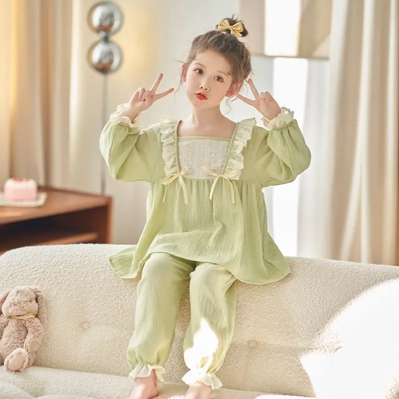 

New 2025 Spring Autumn Girls' Long Sleeve Pajamas Set Medium To Large Kids' Cozy Home Wear Princess Design Cotton Lounge Sets