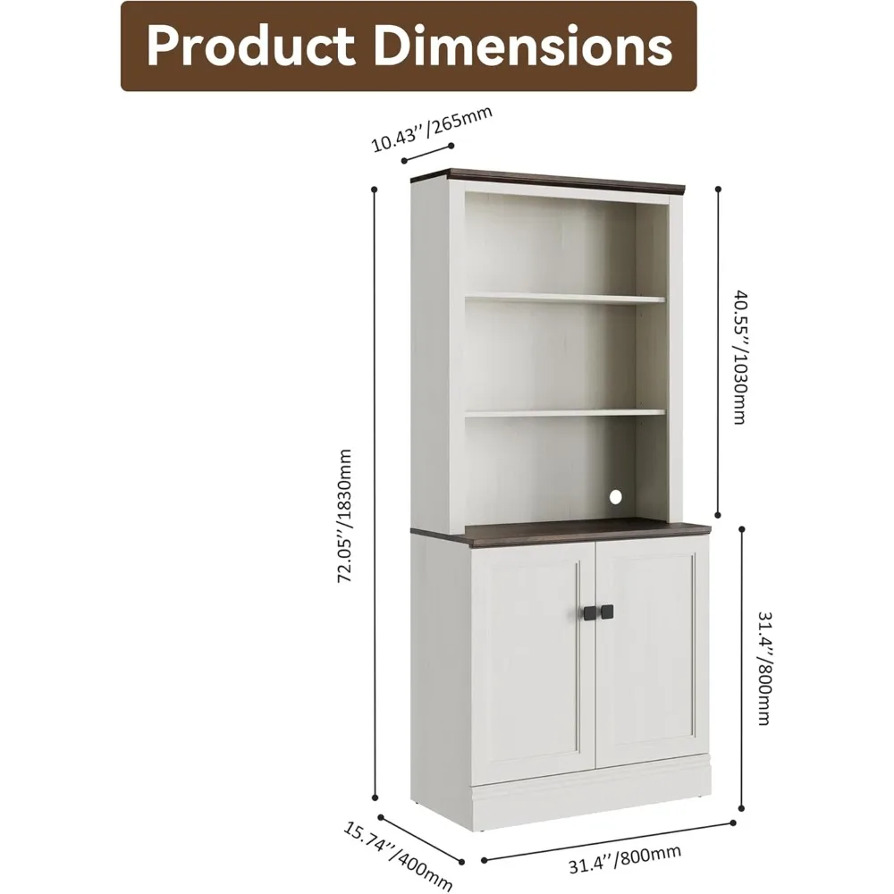 5단 조절 가능한 앤티크 화이트 우드 책장, 수납 캐비닛 포함, 가정 및 사무실용 높은 독립형 책장