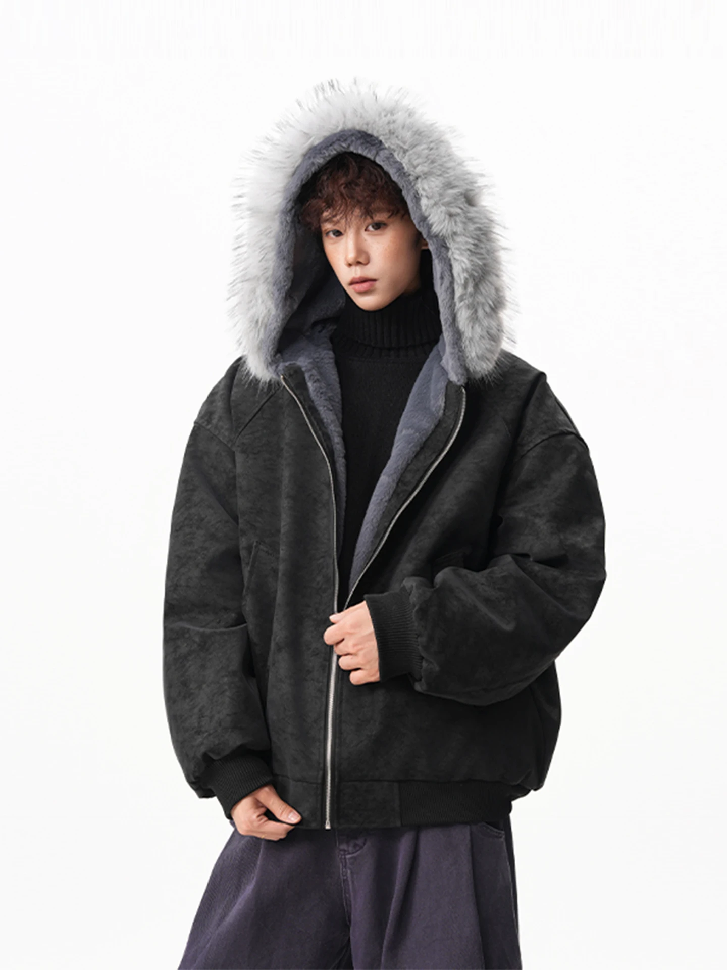 Jaket Kulit PU Pria Model Hoodie Berlapis Bulu, Gaya Kasual Trendy, Hangat untuk Musim Dingin, Model Longgar Amerika