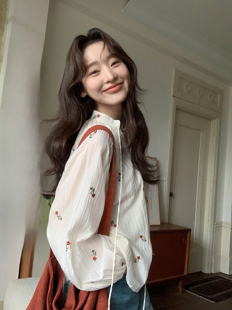 

Ele Embroidered Long Sve irt Women's Loose Sle Spring New Unique Fragile Beau Top Comfortable Breathable Skin-Fr...