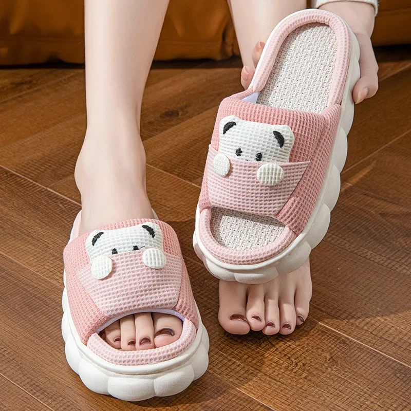 Open Toed Linen Slippers Summer Sandals Cartoon Pocket Bear Couple Four Seasons Thick Slippers Comfortable and Cool