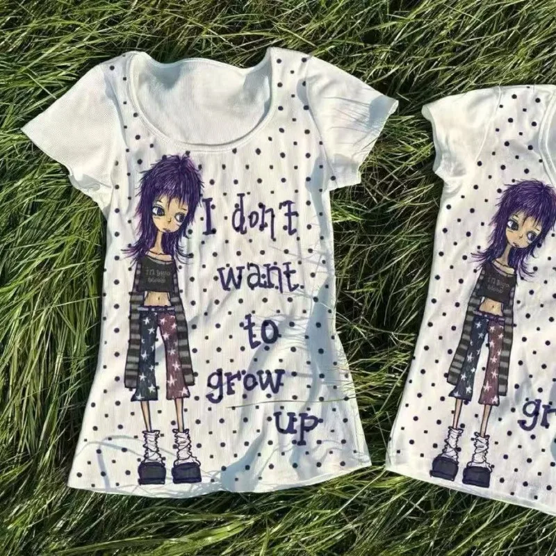 

Cute Printed Short-sleeved Polka Dot Summer T-shirt Y2K Clothes 2000s Slim Tops Aesthetic Cartoon Anime T-shirts Kawaii Tees