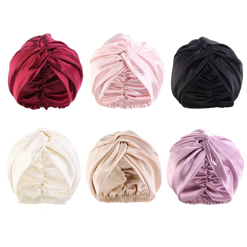 Sleeping Hat Silk Adjustable Satin Faux Silk Bonnet Front Knot Back Large Long Curly Hair Wrap Elastic Drawstring Beauty Hat