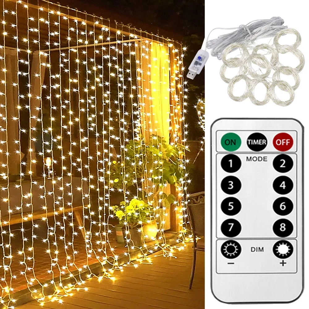 8 Modes LED String Lights Christmas Fairy Garland Curtain Lights USB Remote Control Xmas Wedding Party Decoration Outdoor Garden