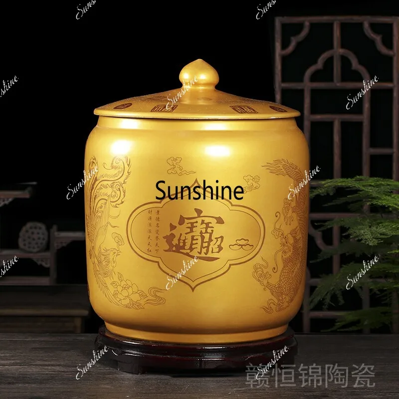 Ceramic rice tank lucky treasure jar household with lid moisture-proof living room decorative wind