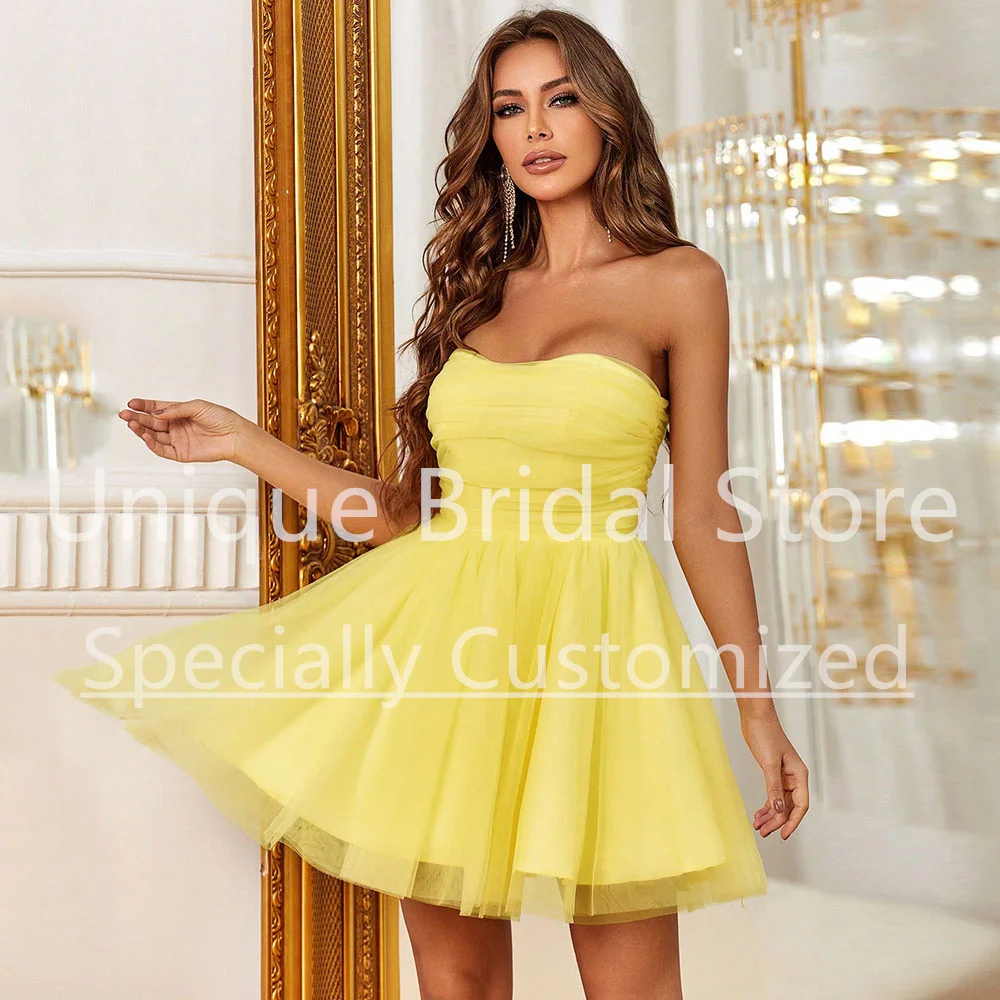 Amarelo curto vestido de baile tule querida plissado sem costas vestidos de festa voltar zíper mulher simples para mujer gala