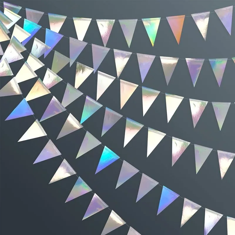 Iridescent Party Decorations Holographic Hanging Triangle Pennant Banner Flags Bunting Garland for Birthday Disco Party Supplies