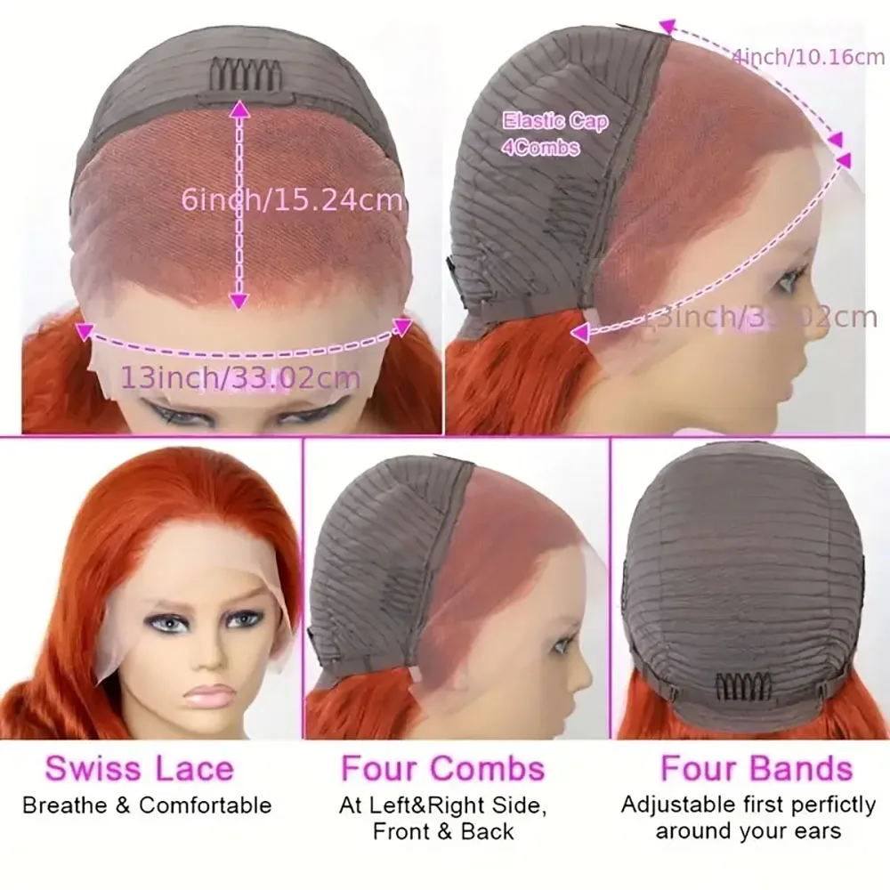 Peruki z głębokimi falami w kolorze imbiru dla kobiet, peruki typu 13x6 z koronką, ludzkie włosy o gęstości 200%, wstępnie wyskubane.