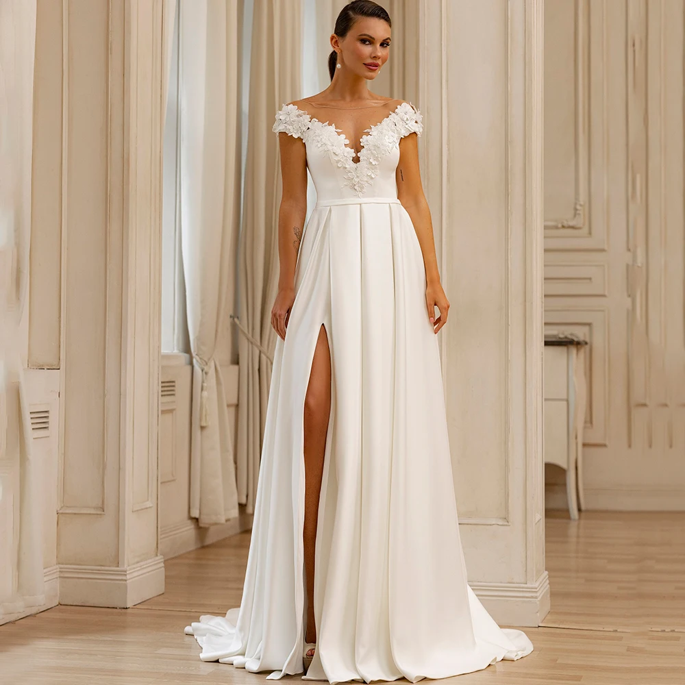 

Scoop Neck with Tulle Applique Wedding Dress Short Cap Sleeve Sexy Side Slit A-Line Floor Length Bridal Backless Gowns Robe