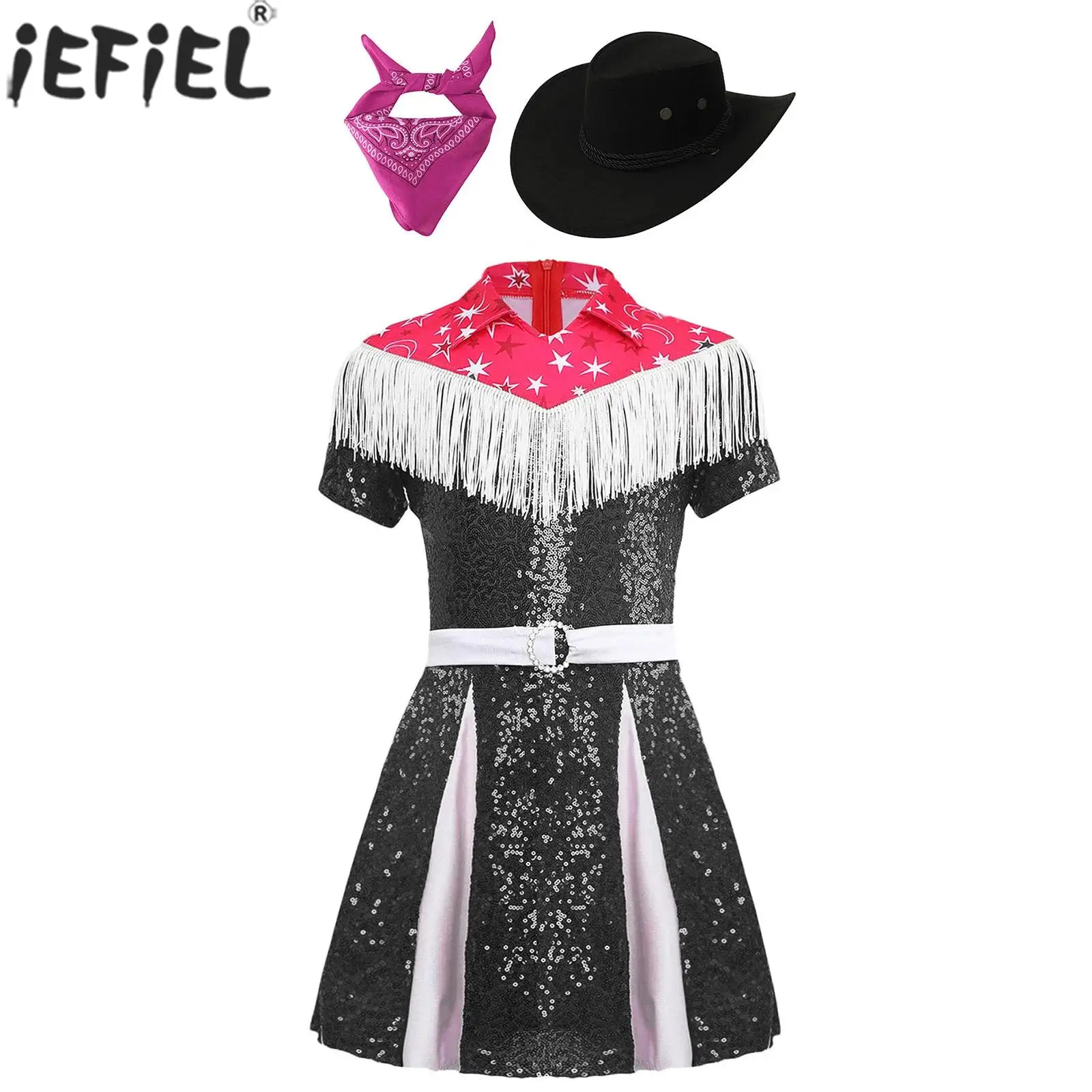 Teen Girls Western Cowgirl Cowboy Cosplay Costume Short Sleeve Fringe Sequin Dress with Hat Bandanna for Halloween Carnival