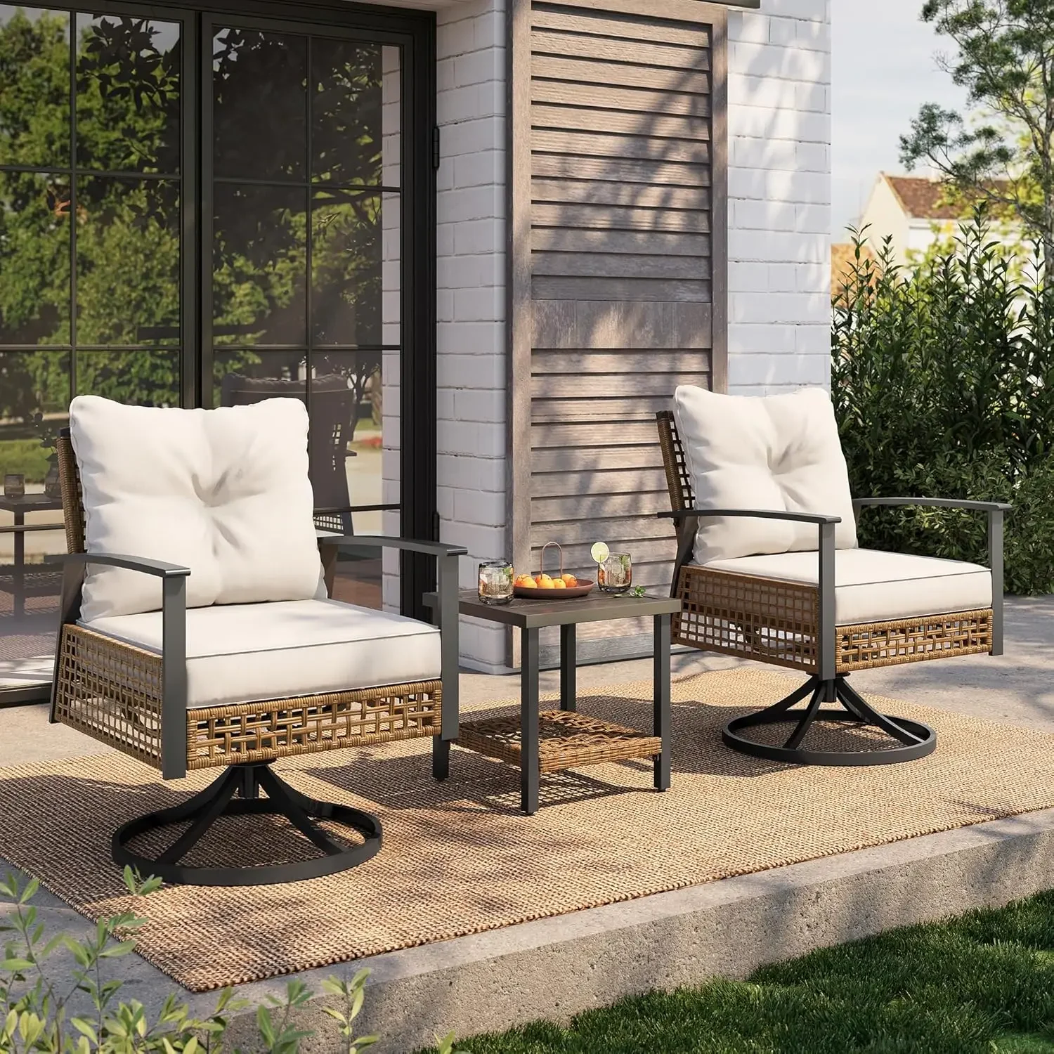 3 Pieces Outdoor Swivel Rocker Patio Chairs, Wicker Patio Bistro Set with 2 Rocking Chairs and 1 Coffee Table