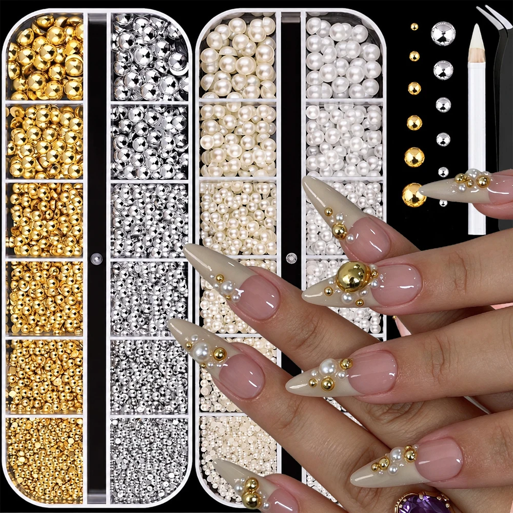 4Pcs/set Gold & Silver & White & Milky Half Pearls Nail Charms 3D Mixed Flatback Caviar Bead Nail Jewelry DIY Pearl Balls Decora