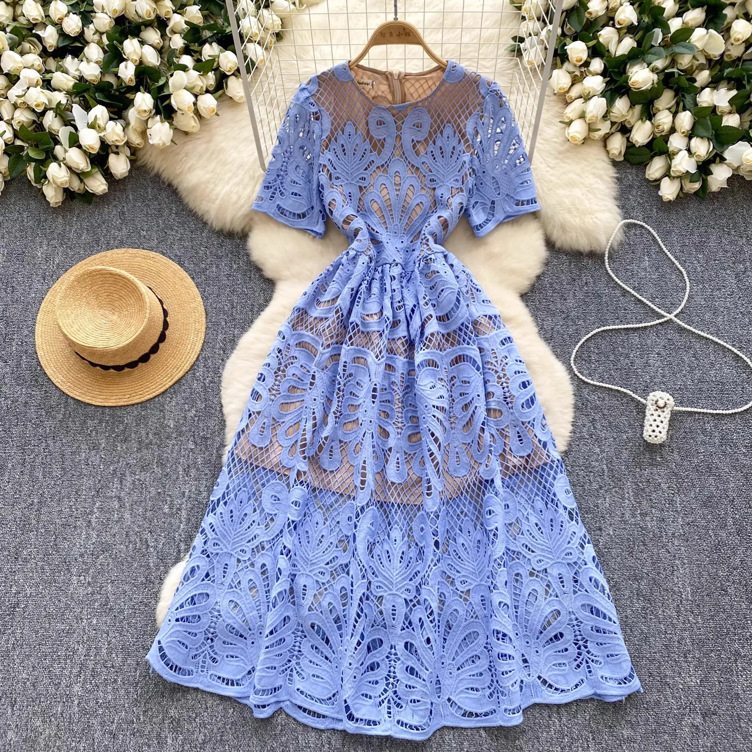 French Crochet Lace Flower Embroidery Hollow Out Long Dress Women\'s O Neck Short Sleeve Solid Color Slim Casual Office Vestido