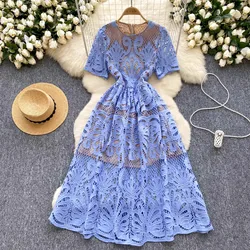 French Crochet Lace Flower Embroidery Hollow Out Long Dress Women's O Neck Short Sleeve Solid Color Slim Casual Office Vestido