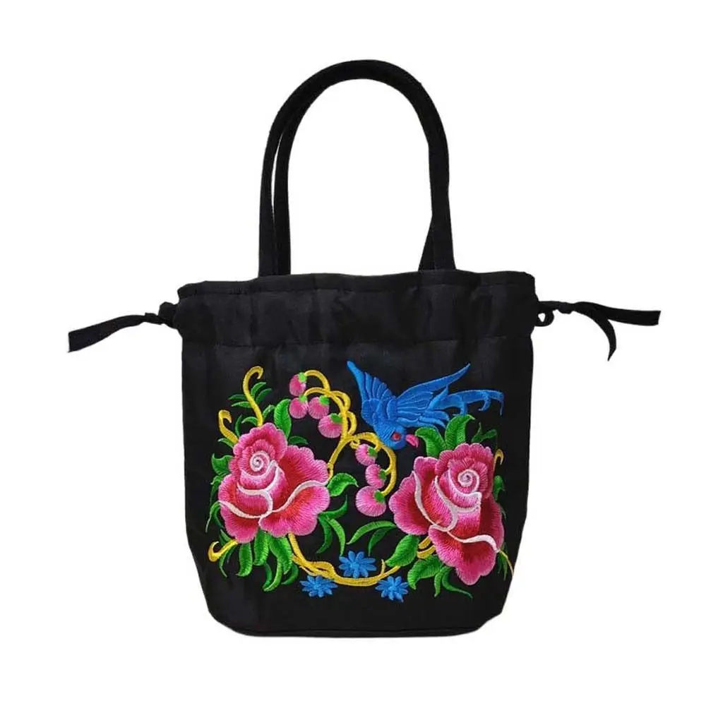 Retro Embroidery Satin Silk Drawstrings Handbags Flower Storage Bags Hanfu Women Purse Wallets Bucket Bag Lunch Bag Shopping Bag