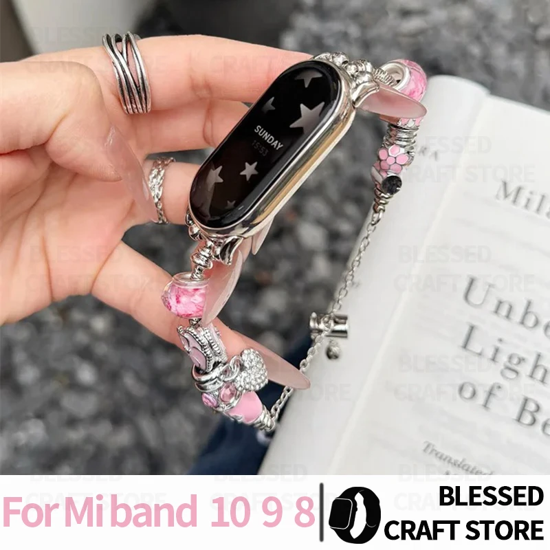 Women Cute Cartoon Glass Bead Charm Bracelet for Mi Band 10 NFC 9 8 Pro DIY Pendant Wristband for Mi Band 7 6 5 4 Jewelry Strap