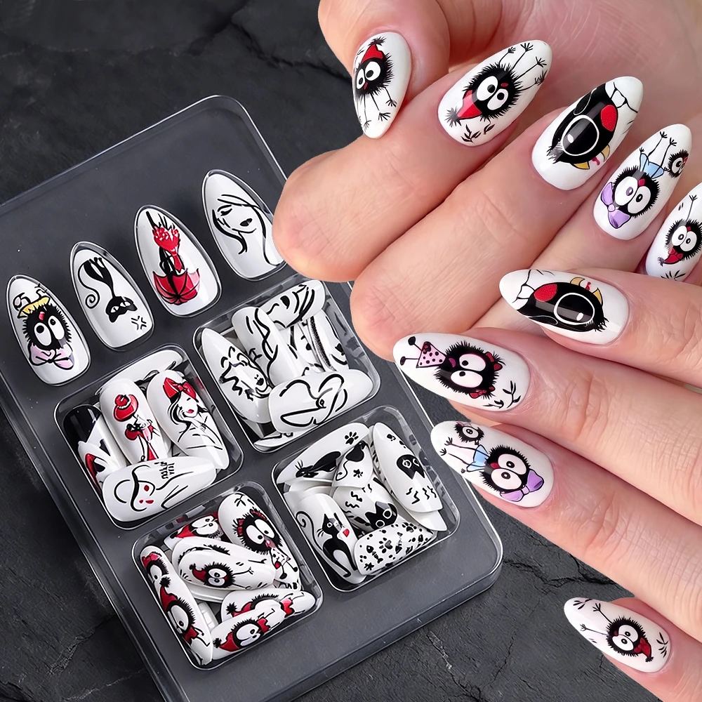 1box White Base Cartoon Pattern Almond Press On Nails Black Cat Modern Girl Sprite Fake Nails Funny Abstract Lines False Nails