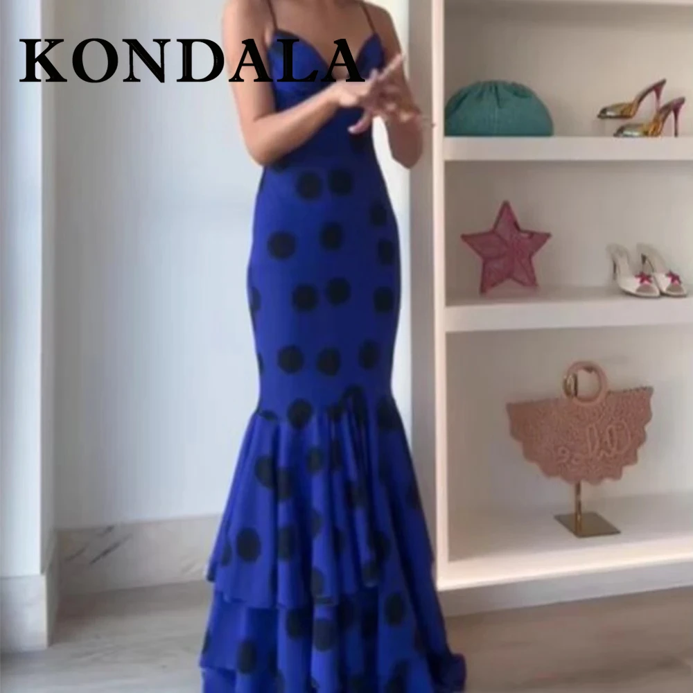 KONDALA Chic Polka Dot Elegant Long Blue Woman Dress Fashion 2025 Evening Part Cami Dress Fishtail Birthday Pleated Slim Vestido