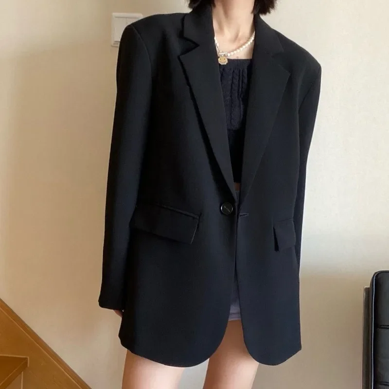 Female Korean Autumn Spring 2024 New Women Oversize Coat Small Fellow Loose One Button Suit Solid Color Suit Commuting Jacket