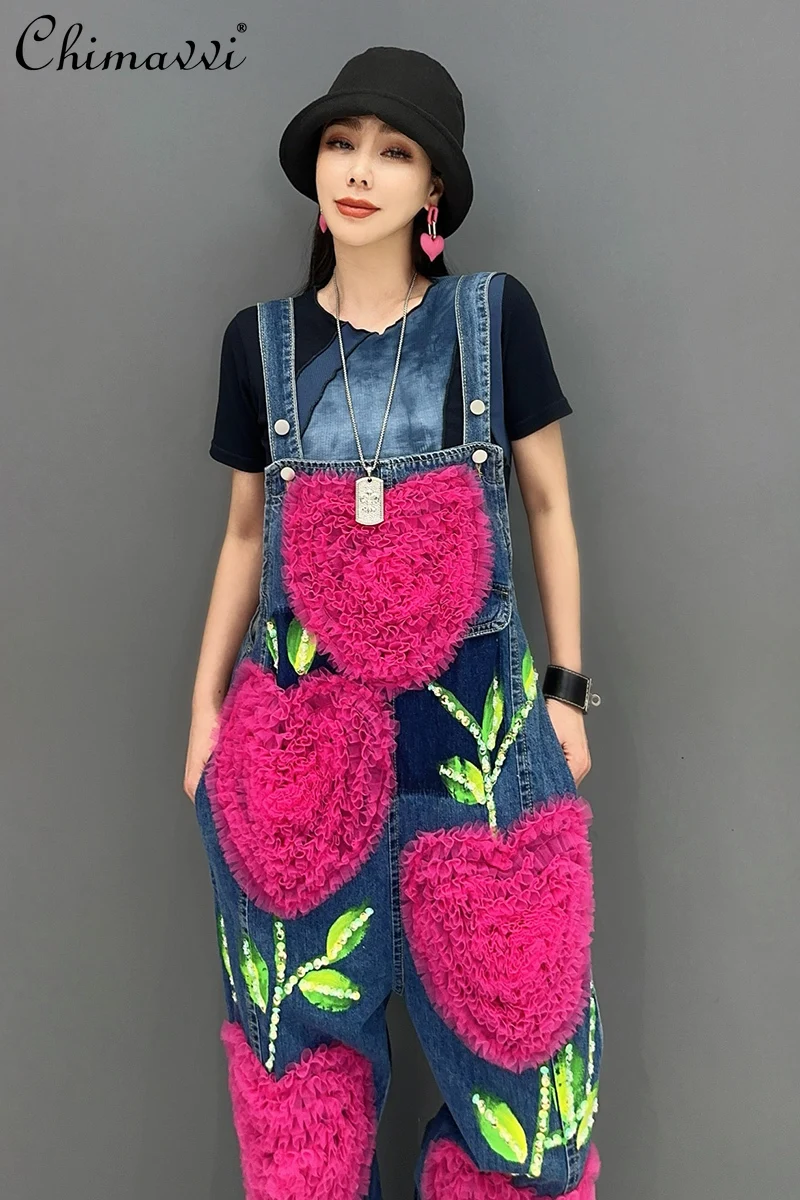 

2024 Summer New Korean Style Fashion Loose Sling Jumpsuit Love Heavy Industry Slimming Streetwear Ladies Denim Jumpsuits