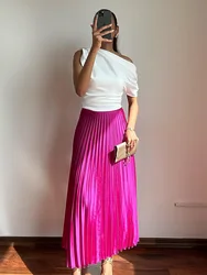 HH TRAF 2024 Spring Elegant Woman A-Line Pleated Long Skirt Side Zipper Casual High Waist Skirts Female Vintage Slim Satin Skirt