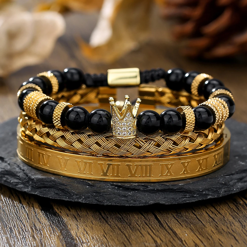 Vintage Crown Black Agate Tigereye Stone Woven Bracelet Roman Numerals Stainless Steel Non-Fading Light Luxury Bracelet for Men