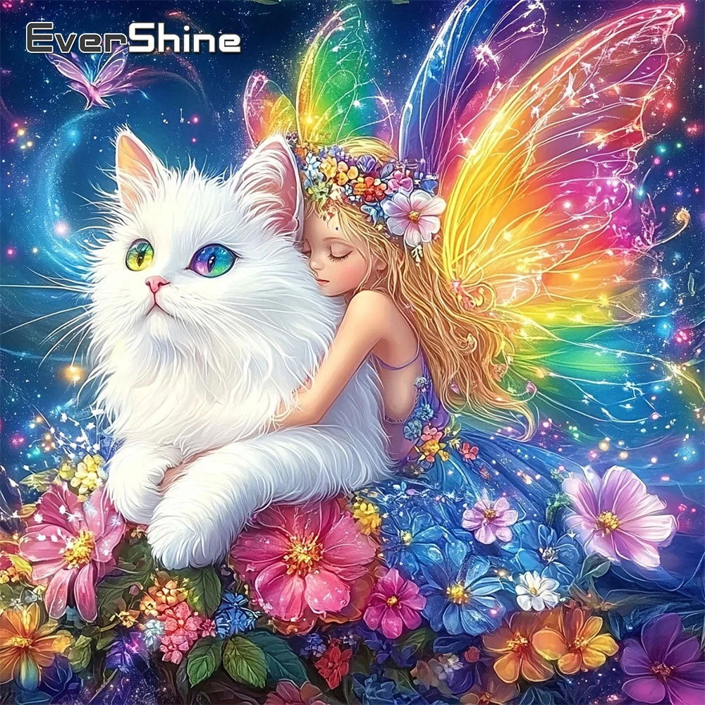 EverShine Diamant-Stickerei Porträt Mädchen Strass-Bild Mosaik Katze Vollflächiges Malbild Gänseblümchen DIY Flügel Kind Hobby