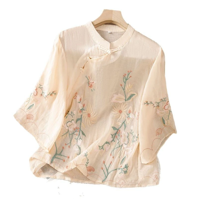 Chinese Style 3/4 Sleeve Shirt Women's New Retro Cotton Linen Cheongsam Blouse With Frog Buttons Breathable Casual Vintage Top