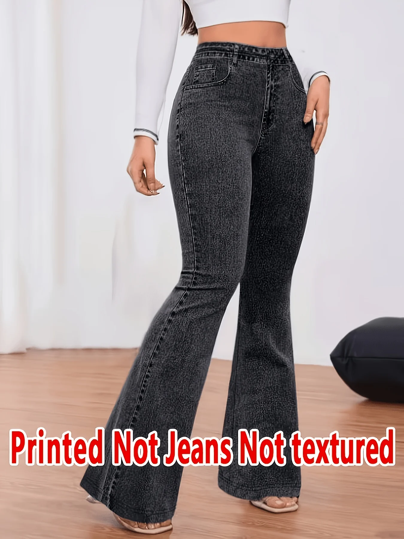 Women Faux Denim Print Flare Pants High Waist Stretch Bootcut Leggings Fake Jeans Bell Bottom Long Trousers
