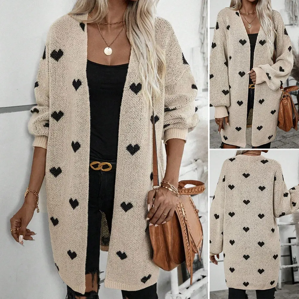 

Mia Muse Boutique Women's Autumn Winter 2025 Cardigan Elegant Casual Heart Print Open Front Long Sleeve Daily Cardigan