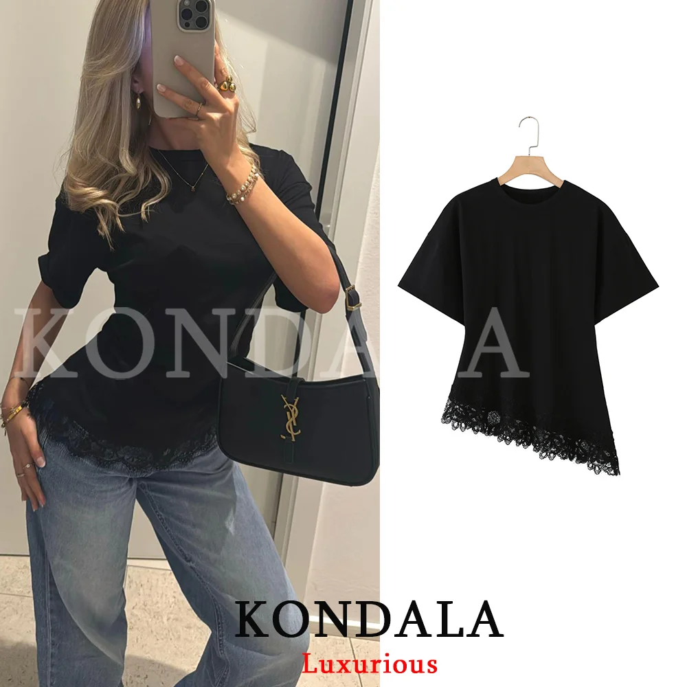 KONDALA Streetwear Casual Chic Vrouwen Top Kant Asymmetrische Korte Mouw O-hals Top Mode 2026 Zomer Lente Vakantie ElegantTop