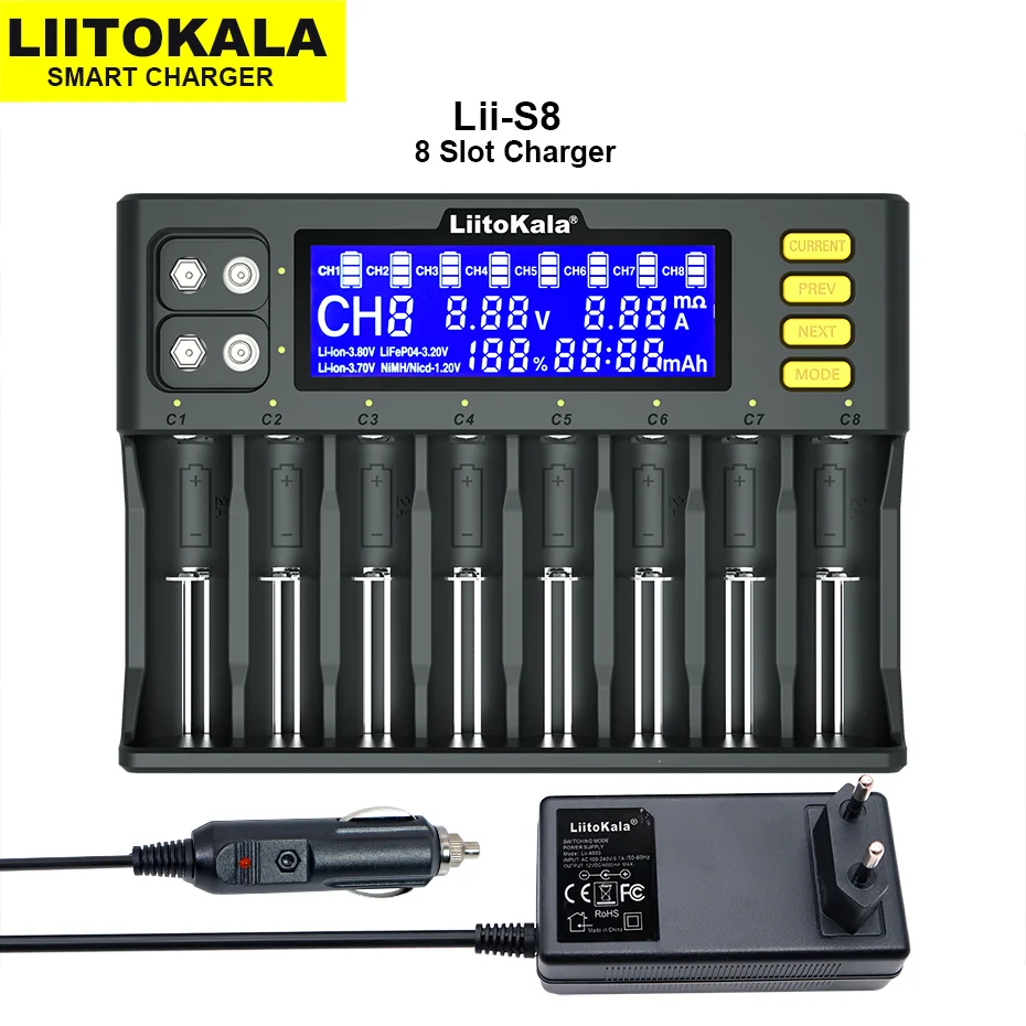 LiitoKala Lii-S12 Lii-D4XL Lii-S8 LCD 21700 18650 3.7V Li-ion 3.2V LiFePO4 1.2V NiMH/Cd 26650 32700 D AA AAA 9V Battery Charger