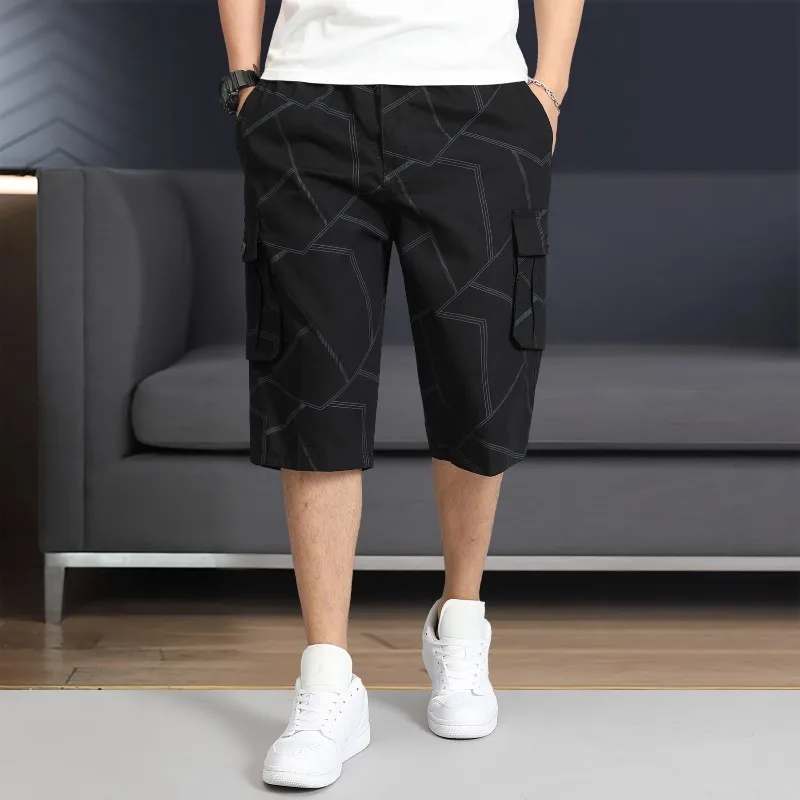 Men\'s Striped Summer Geometric Pattern Printed Button Pockets with Elastic High Waisted Loose Sportswear Trousers Vintage Shorts