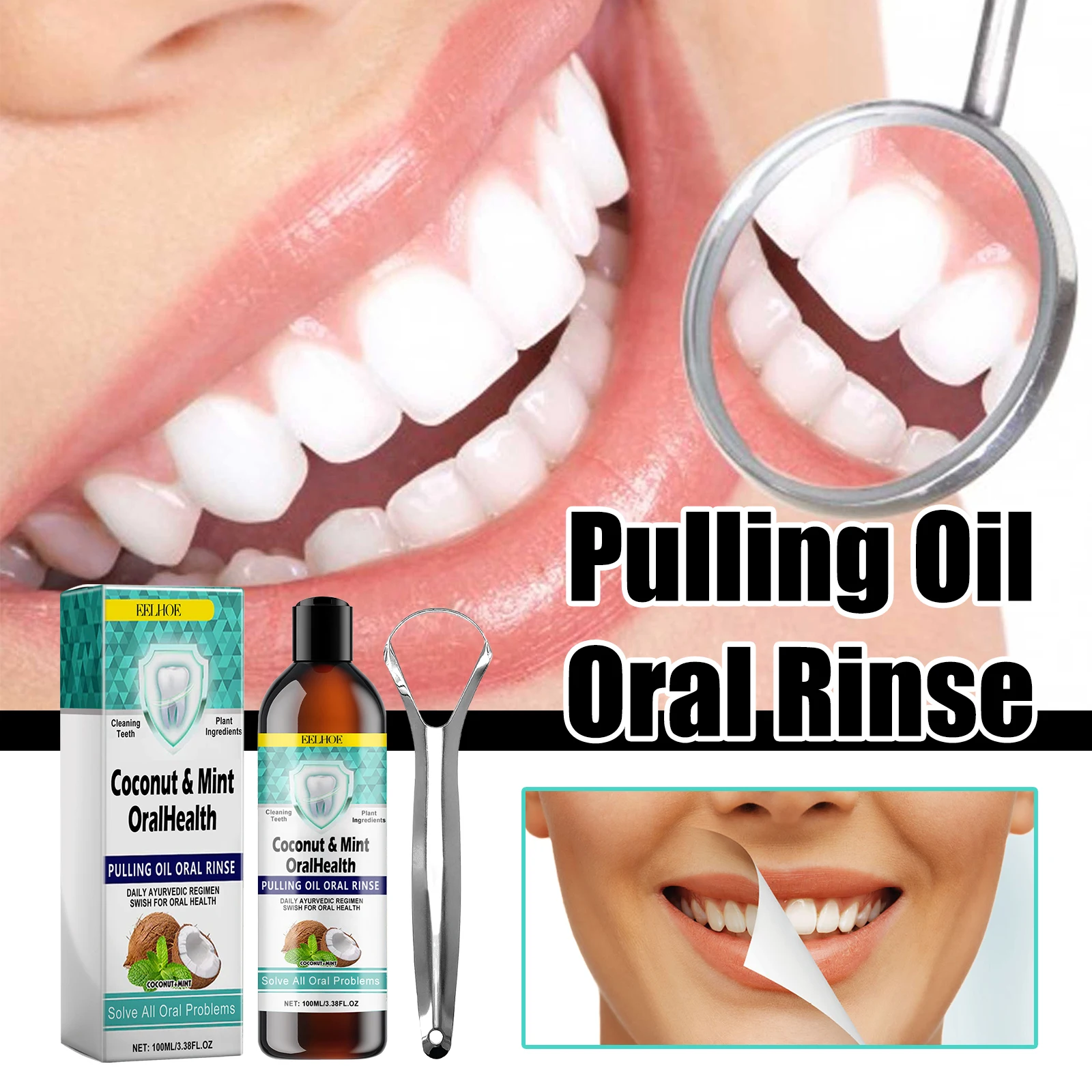 Coconut Mint Pulling Oil Mouthwash Alcohol-free Teeth Whitening Fresh Oral Breath Tongue Scraper Set Mouth Heal