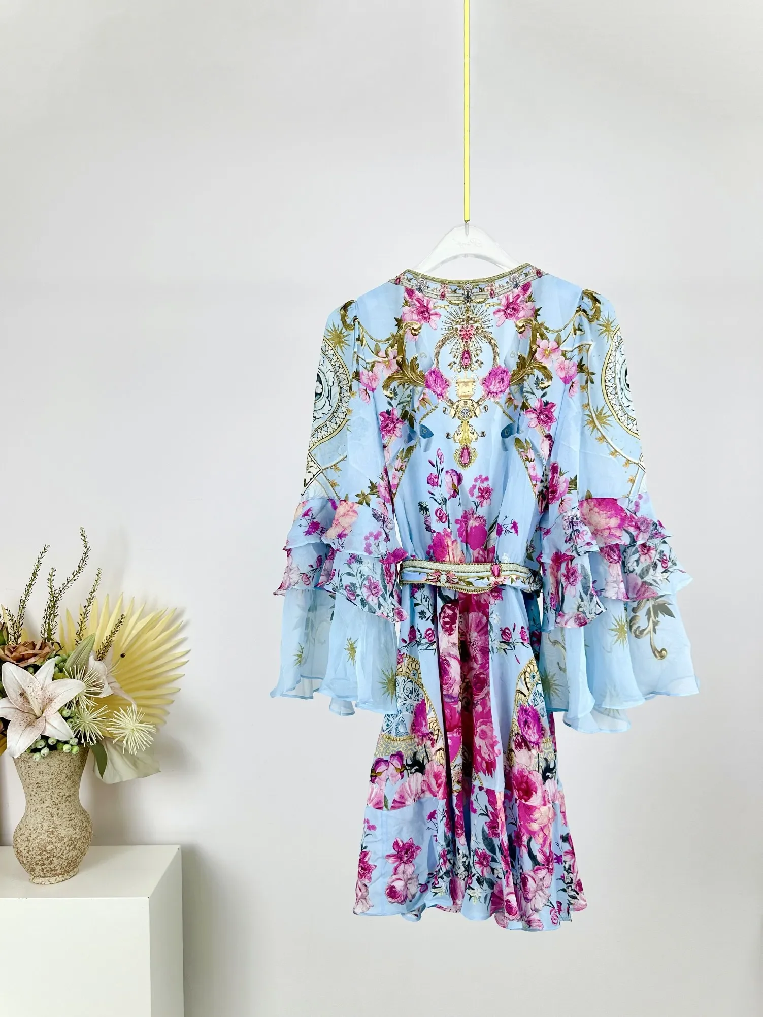 Women Blue Printed Dress V-Neck Long Sleeve Elegant 100% Silk Mini Robe